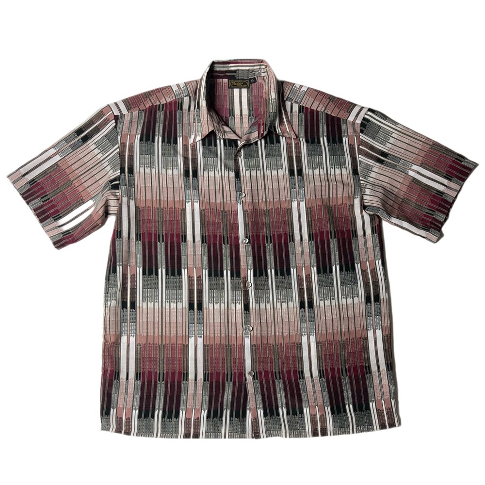 Vintage Monzini Collection Deco Skyscraper Polyester Cabana Shirt | short sleeve